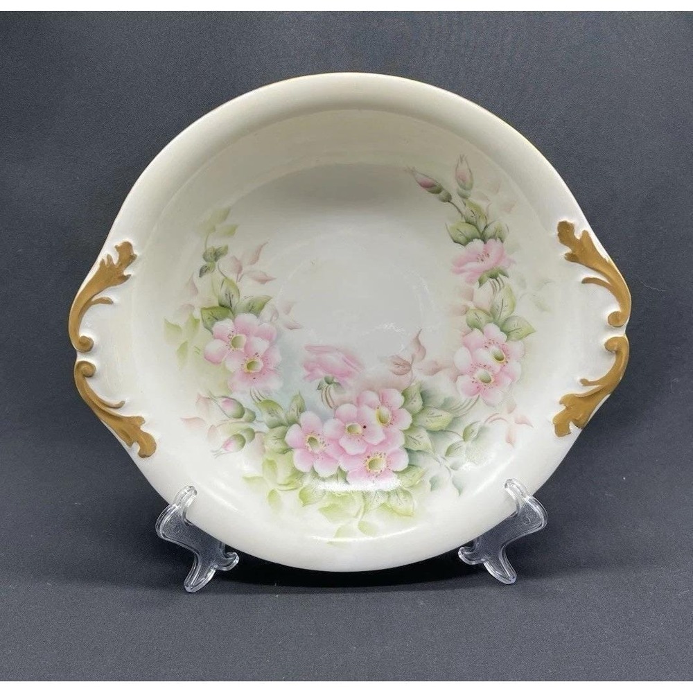 Antique 1906 PL Limoges France Hand Painted Floral Porcelain Bowl Gold Handles